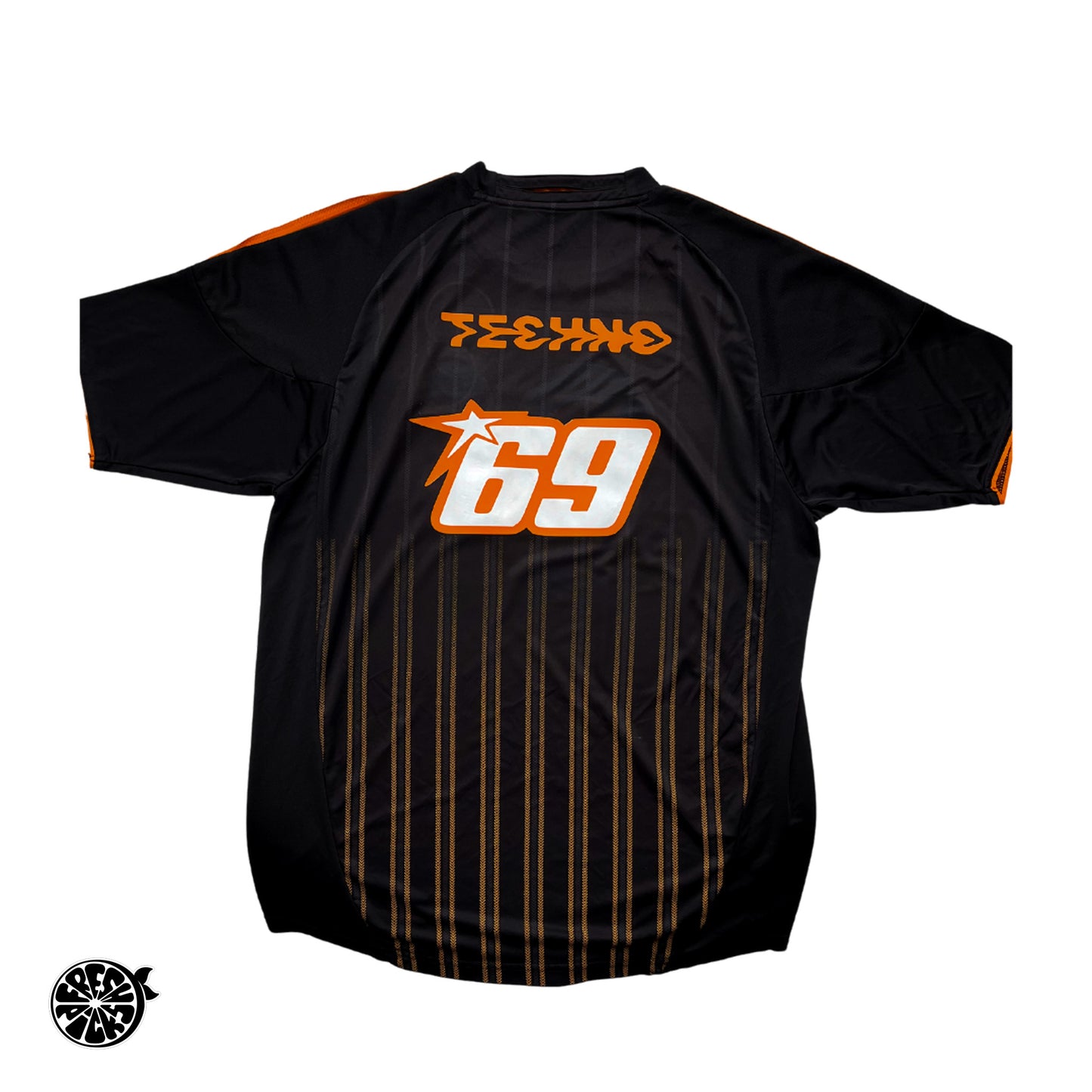 Upcycled Black & Orange Chelsey Techno Y2K Tribal Soccer Jersey - Size XL