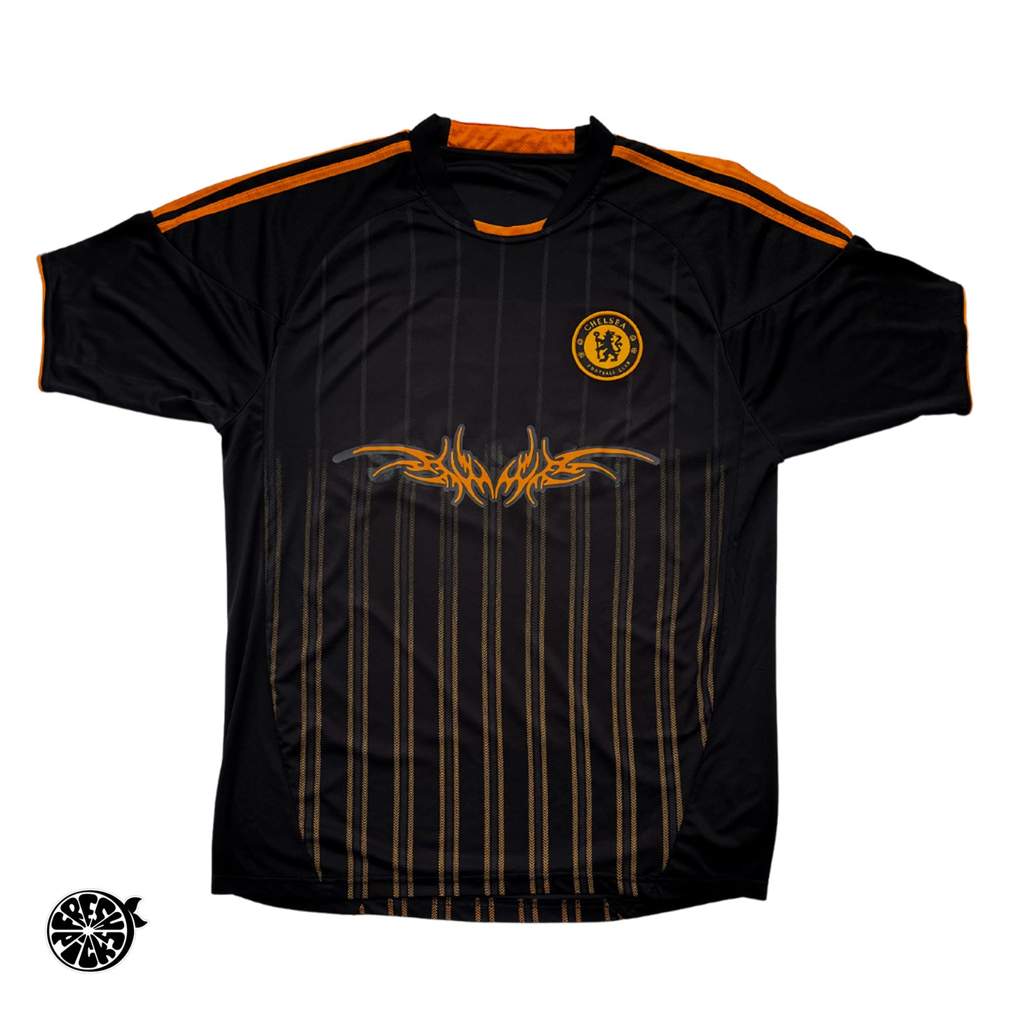 Upcycled Black & Orange Chelsey Techno Y2K Tribal Soccer Jersey - Size XL