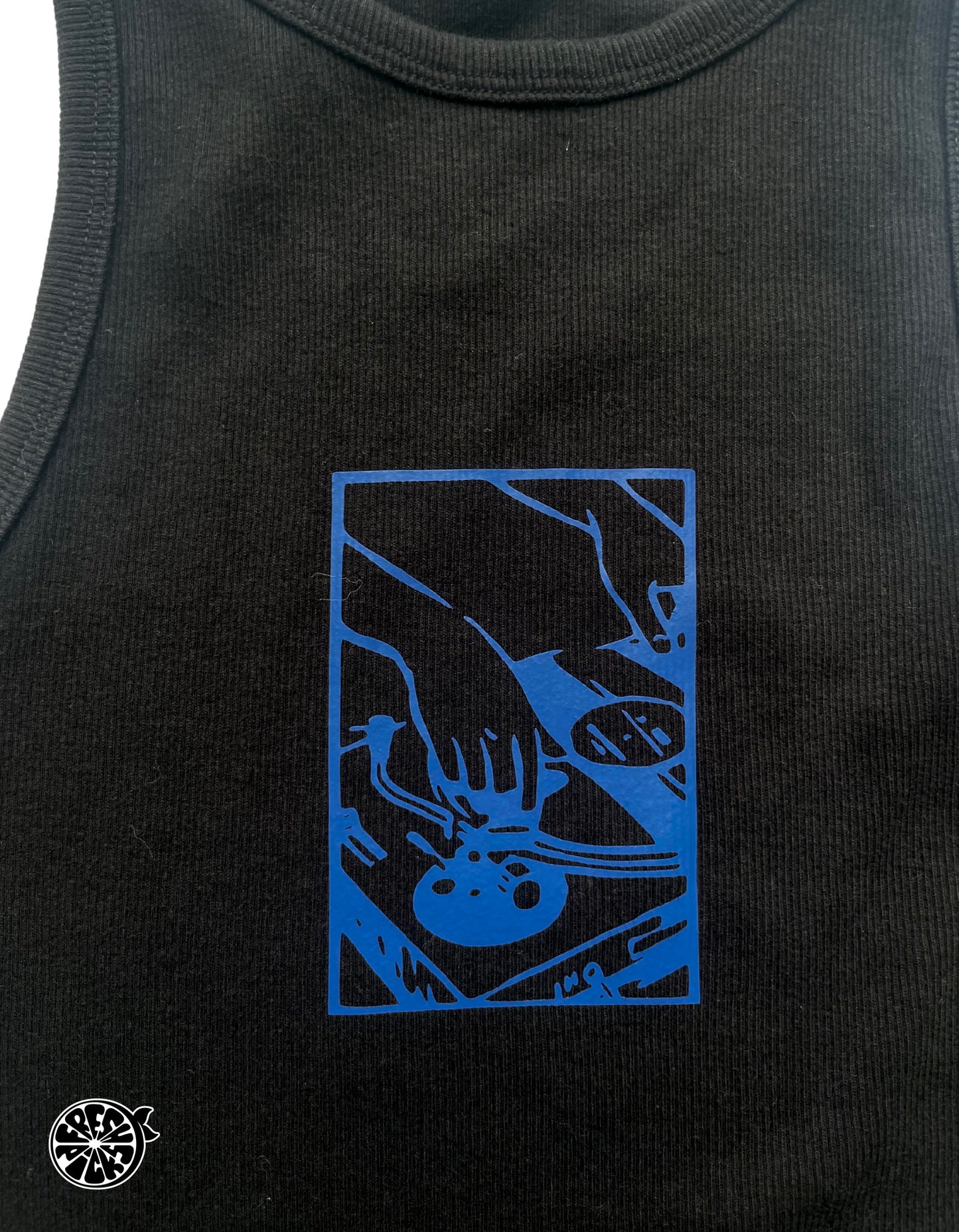 Upcycled Black and Navy Vinyl Turntable Y2K Racer Back Tank Top | Size Small | One-of-a-Kind