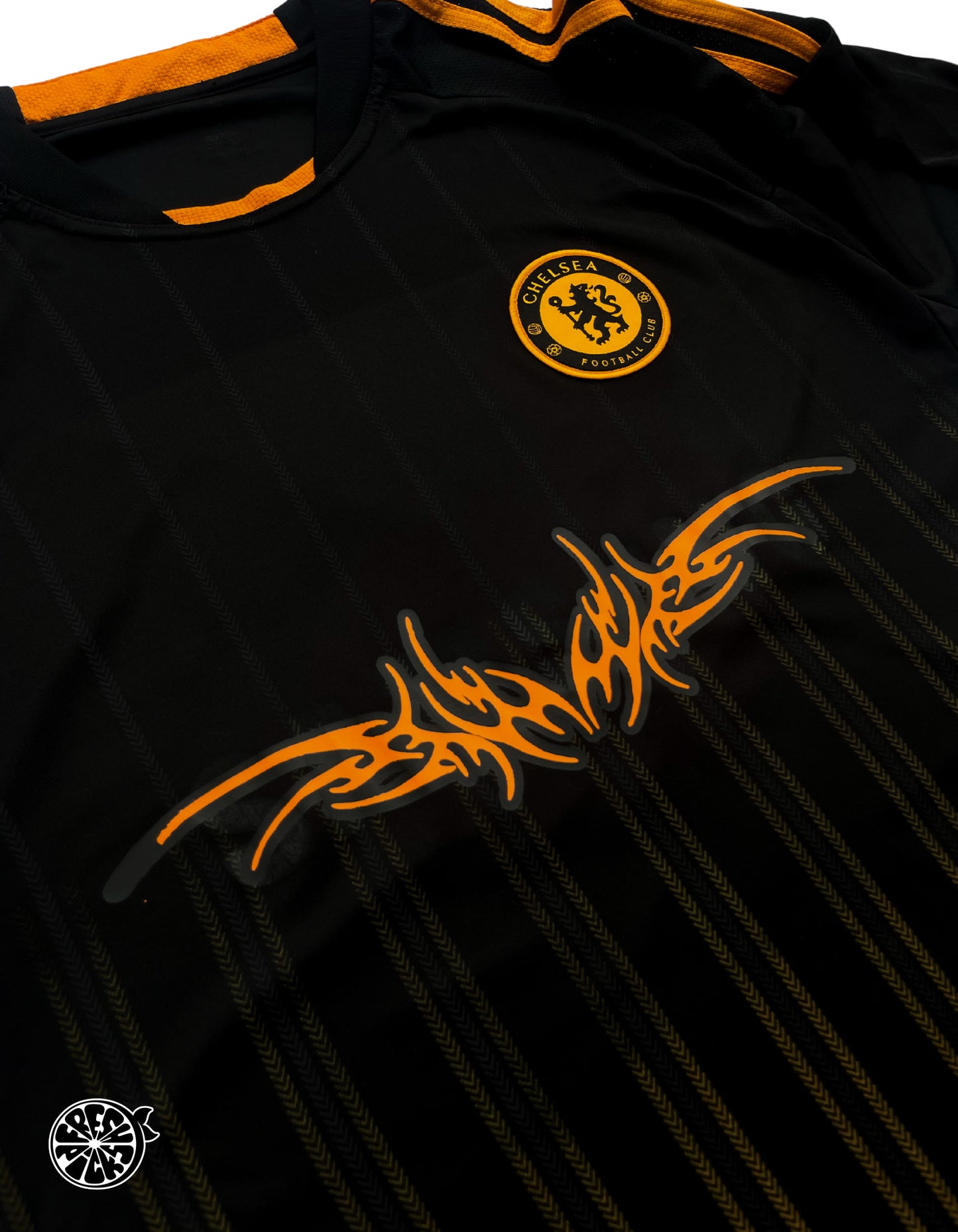 Upcycled Black & Orange Chelsey Techno Y2K Tribal Soccer Jersey - Size XL