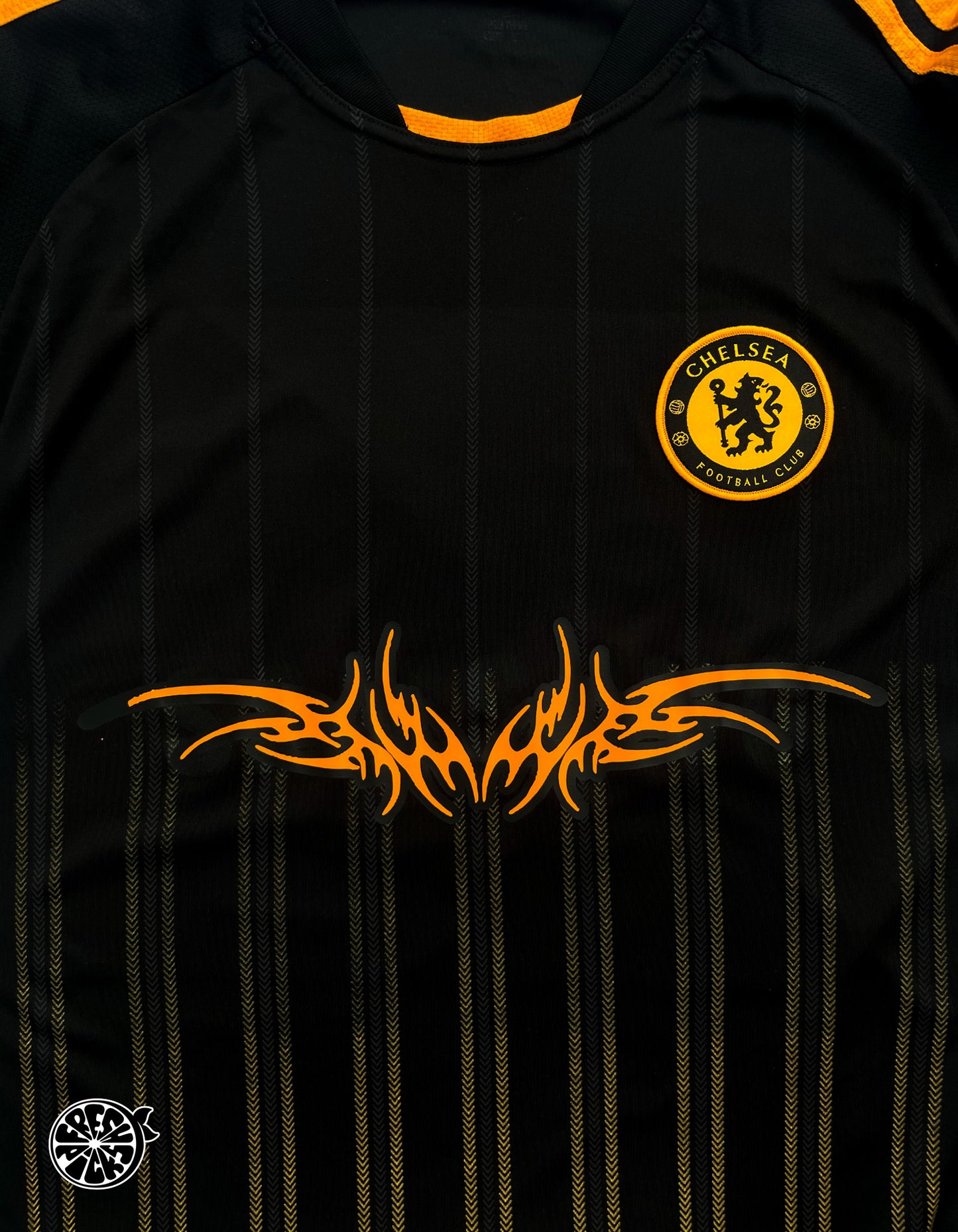 Upcycled Black & Orange Chelsey Techno Y2K Tribal Soccer Jersey - Size XL