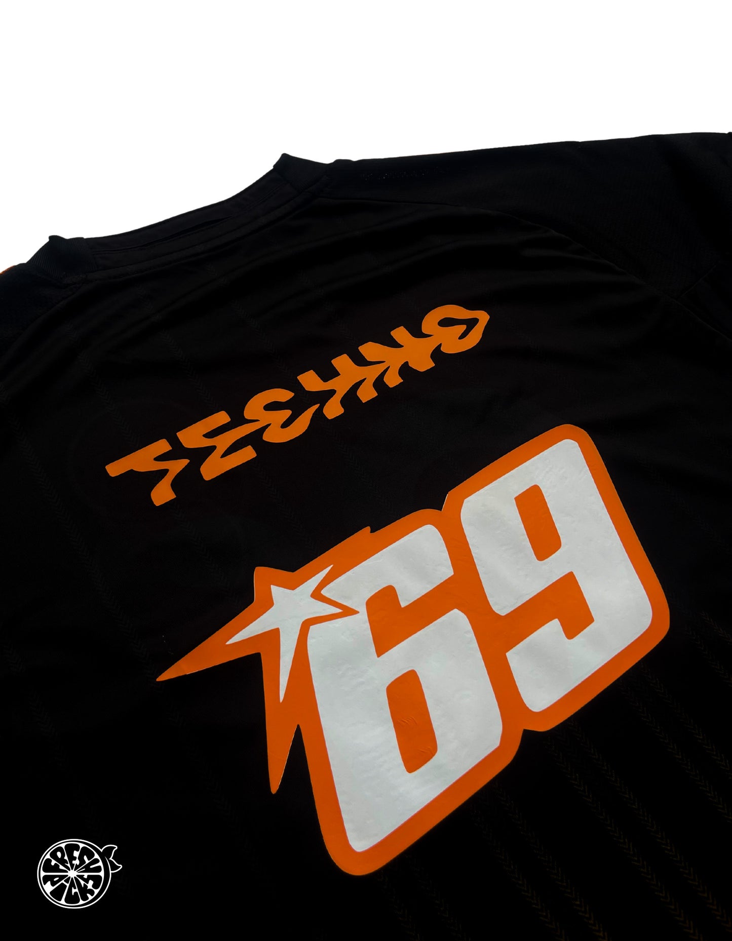 Upcycled Black & Orange Chelsey Techno Y2K Tribal Soccer Jersey - Size XL