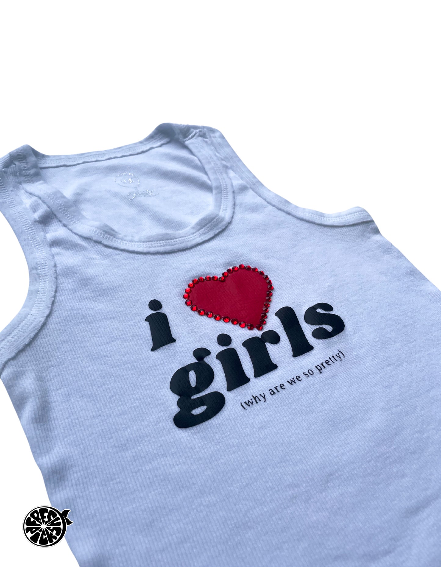 Upcycled I Love Girls Racer Back White Tank Top with Charms - Size Medium