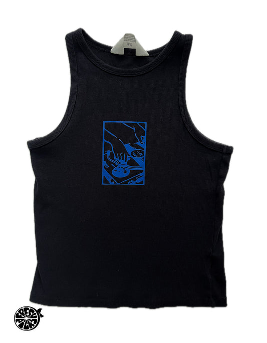 Upcycled Black and Navy Vinyl Turntable Y2K Racer Back Tank Top | Size Small | One-of-a-Kind