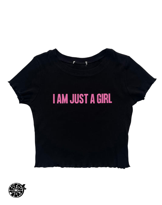 Upcycled I Am Just A Girl Y2K Pink and Black Crop T-shirt - Size Large