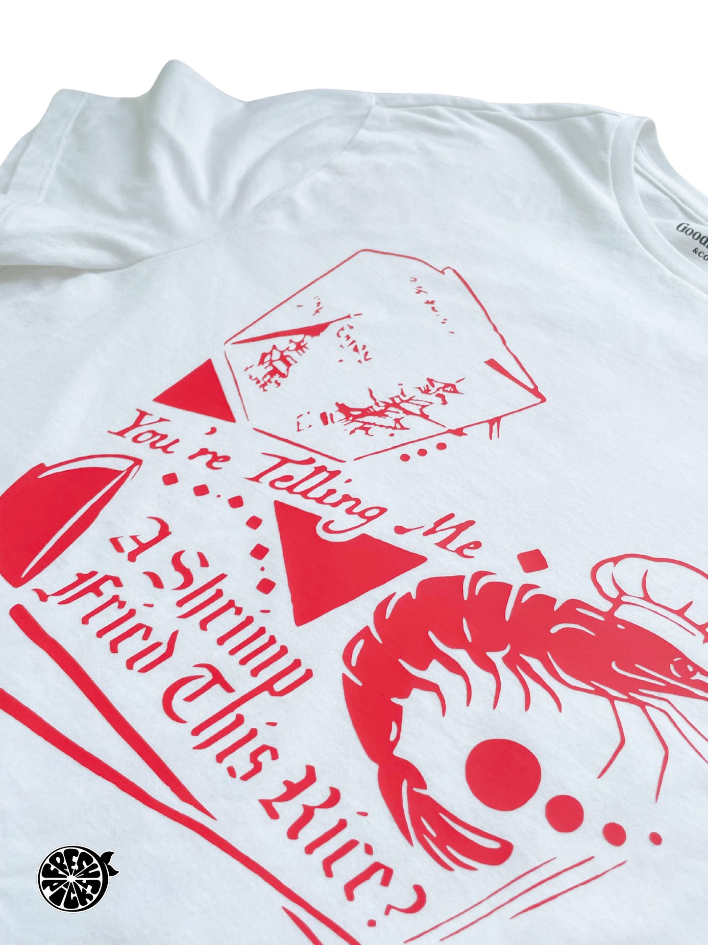 Upcycled Shrimp Fried Rice Funny White And Red T-shirt - Size Large