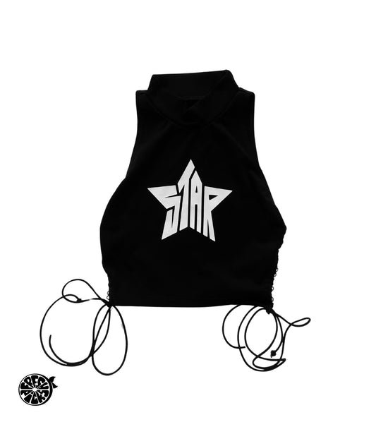 Upcycled Y2K Star Tank Turtleneck Shirt With Side Spaghetti Ties - Size XS