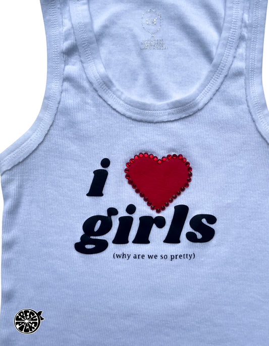 Upcycled I Love Girls Racer Back White Tank Top with Charms - Size Medium